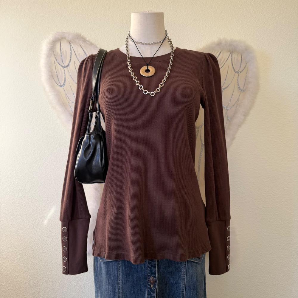 Boho Whimsy Twee Brown Waffle Knit Puff‎ Sleeve Top Cozy Knit Thermal Girly Cute
